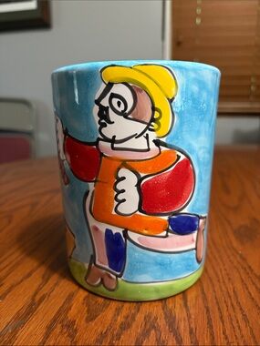 LA MUSA hand painted Ceramic Art Vase in Blue with Colorful Figurative Design